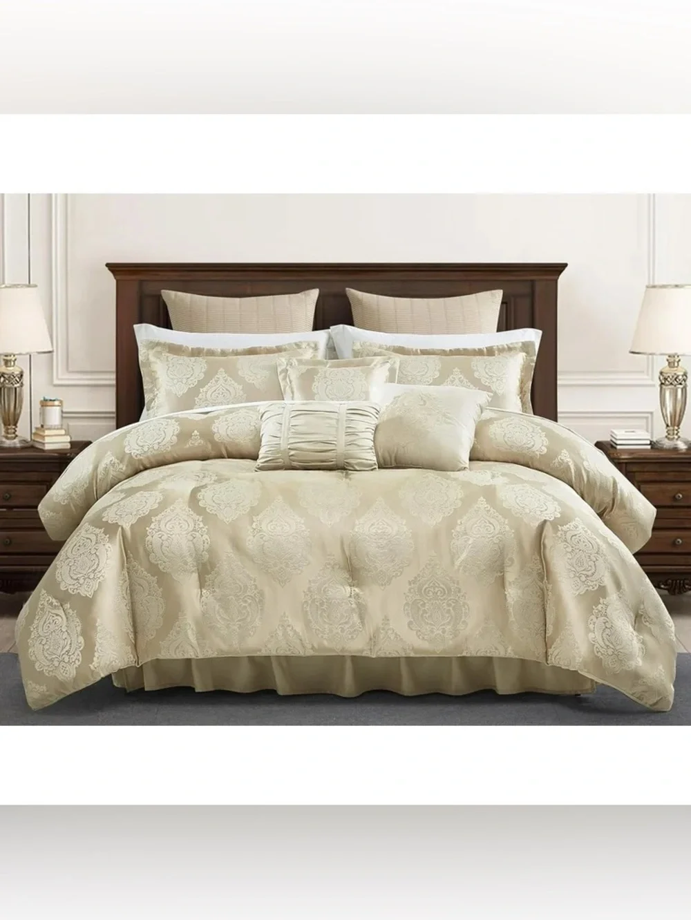 Luxury Damask cal king 3 piece Comforter Set in Beige